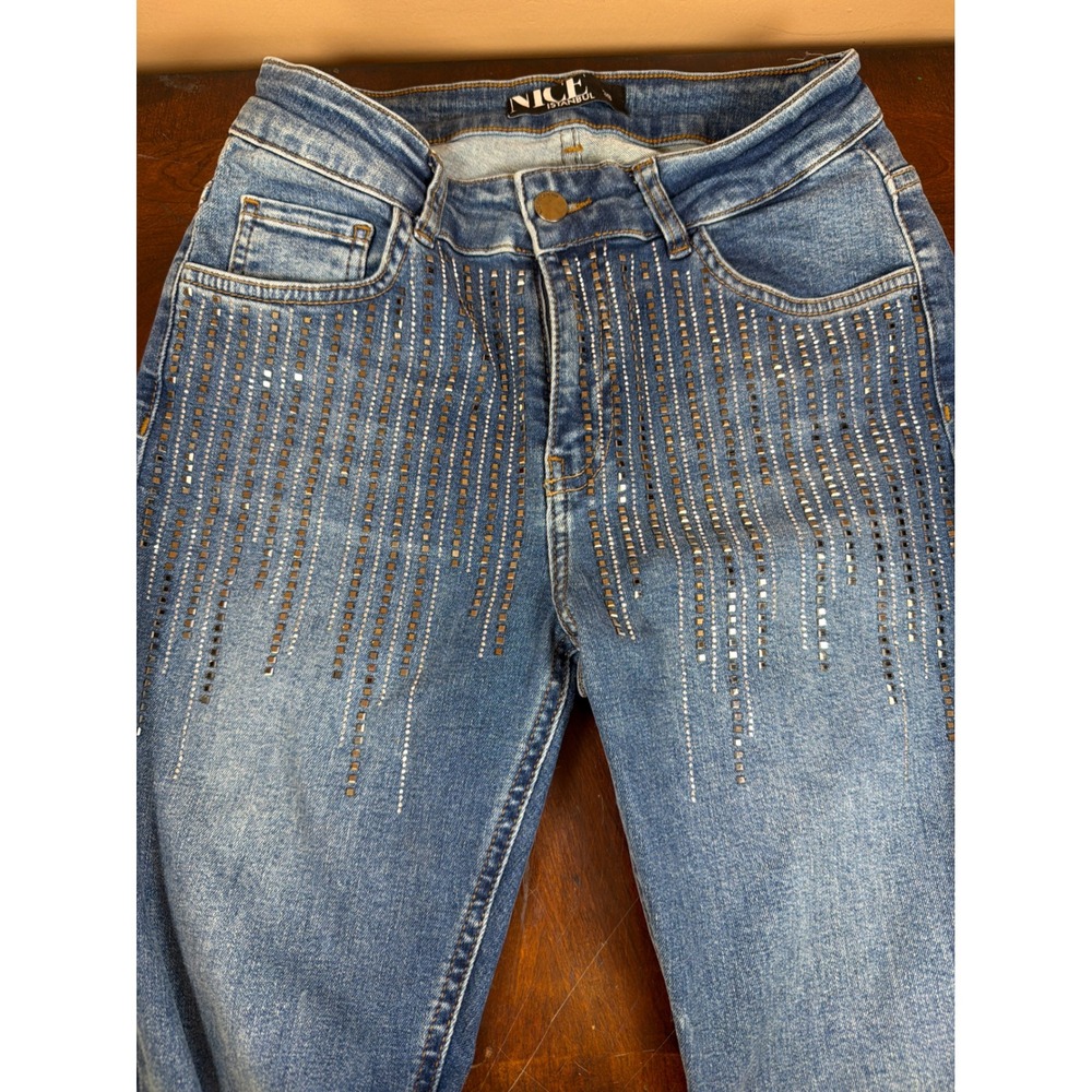 Nice Istanbul Blue Embellished‎ Rhinestone Studded Slim Jeans Womens Size 38